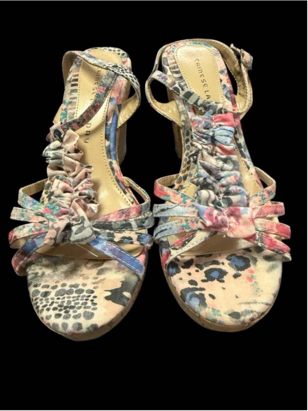 Women's Chinese Laundry Floral Print Cork Wedge Sandals Size 9 Multi-color